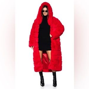 AZALEA WANG FAUX FUR PANEL HOODED TRENCH IN RED, NEW WITH TAGS